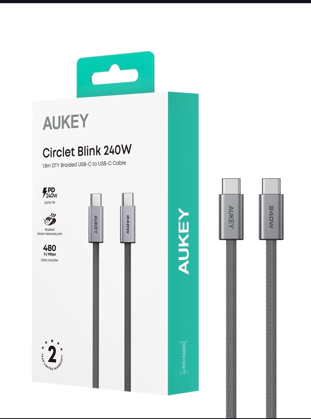 أوكي Circlet Blink  240W  كيبل شحن ومزامنة، مضفر من خامة DTY، USB-C إلى USB-C، طول 1.8م CB-DCC242 , ضمان عامين
