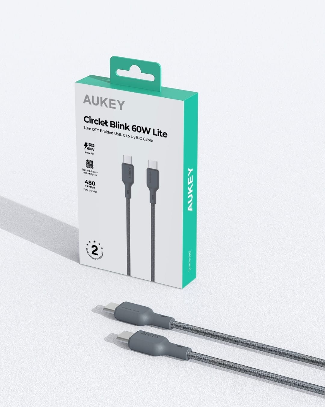 أوكي Circlit Blink 60W Lite كيبل شحن ومزامنة، مضفر من خامة DTY، USB-C إلى USB-C ، طول 1م ، CB-DCC063 ، ضمان عامين