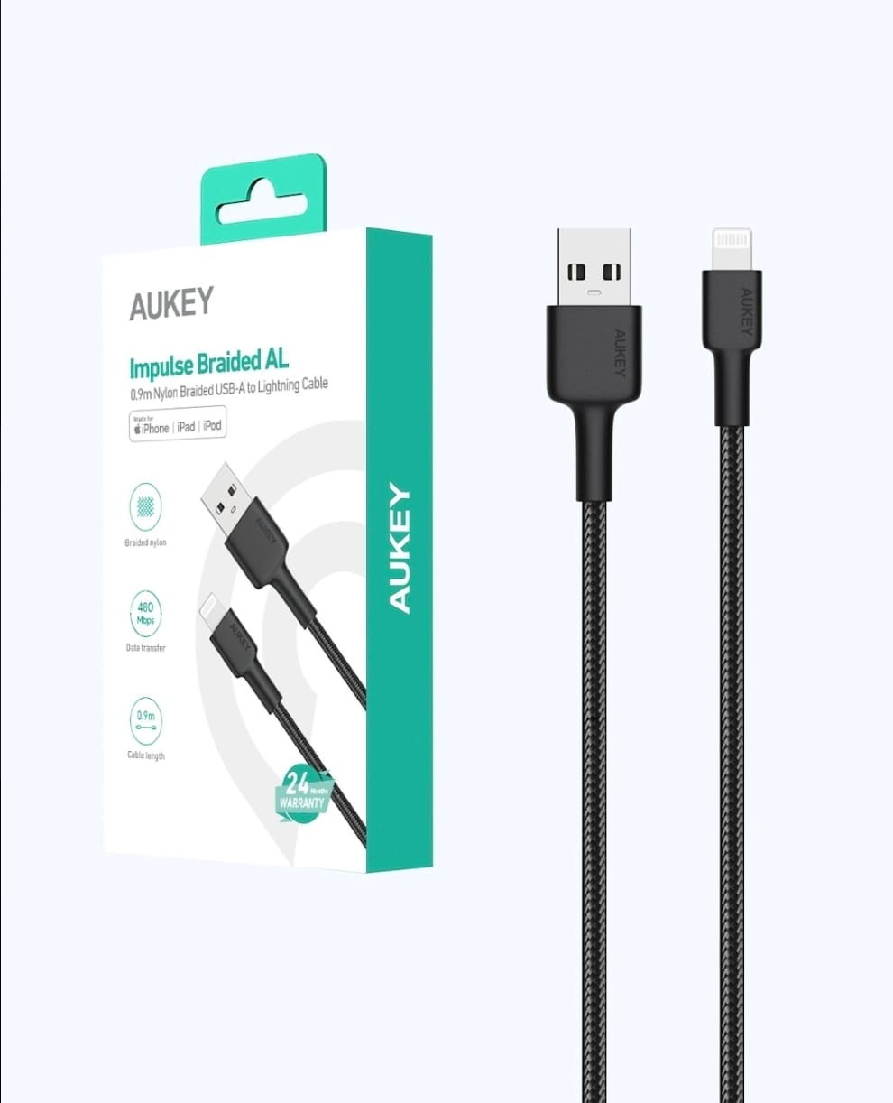 أوكي كيبل مضفر MFI شحن و مزامنة USB-A إلى لايتنينج طول 0.9م BAL7-BK ، ضمان عام