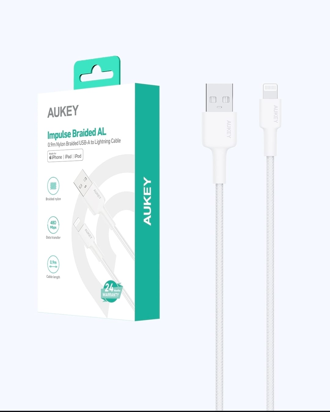 أوكي كيبل مضفر MFI شحن و مزامنة USB-A إلى لايتنينج طول 0.9م BAL7-WH ، ضمان عام