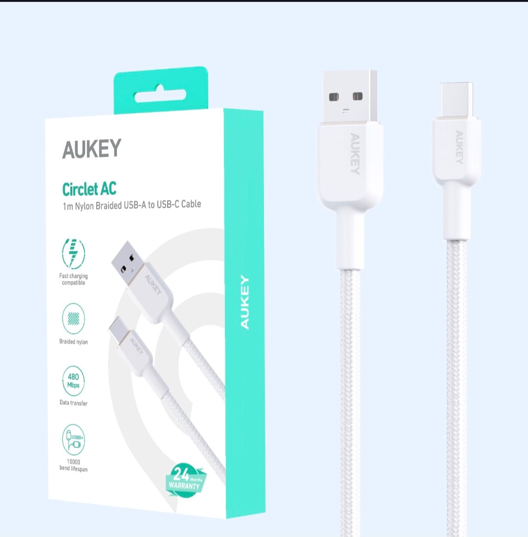 أوكي كيبل نايلون مضفر ، شحن و مزامنة USB-A إلى USB-C طول 1م  NAC1-WH ، ضمان عام