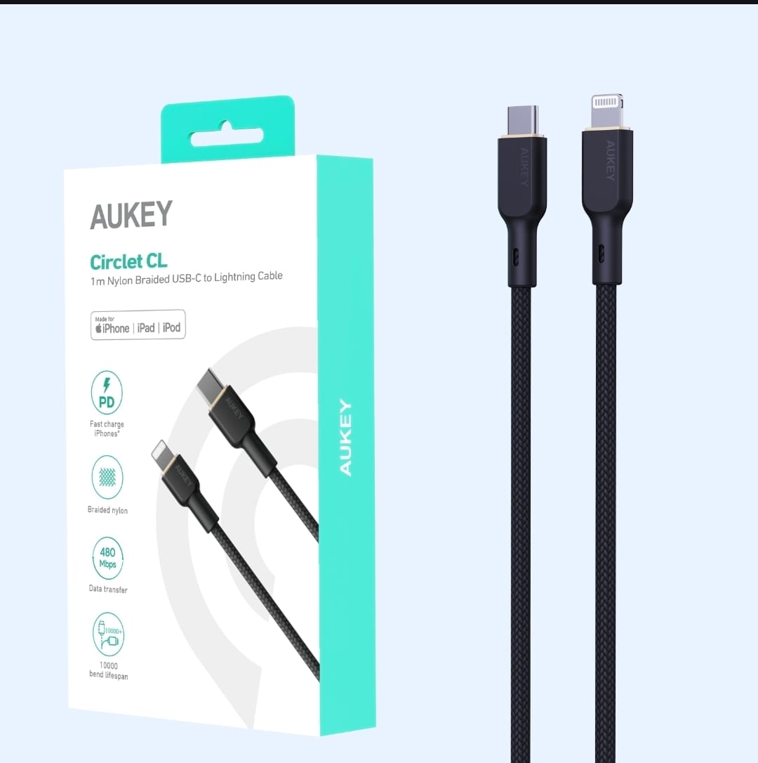 أوكي كيبل مضفر MFI شحن و مزامنة USB-C إلى لايتنينج طول 1م NCL1-BK ، ضمان عام