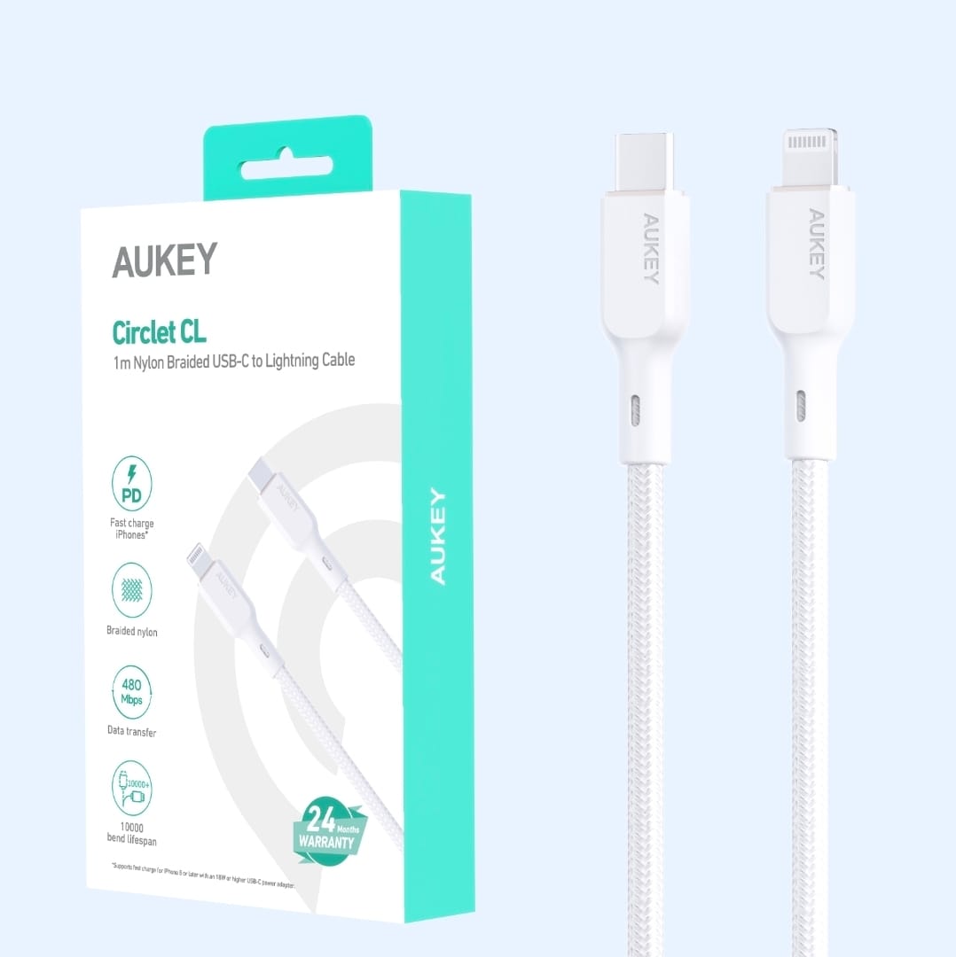 أوكي كيبل مضفر MFI شحن و مزامنة USB-C إلى لايتنينج طول 1م NCL1-WH ، ضمان عام