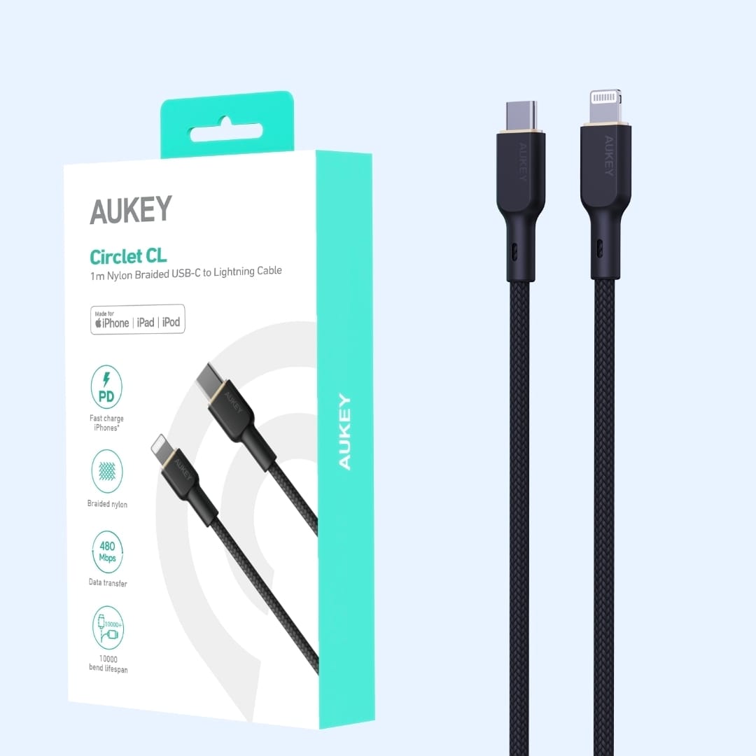 أوكي كيبل مضفر MFI شحن و مزامنة USB-C إلى لايتنينج طول 1.8م NCL2-BK ، ضمان عام
