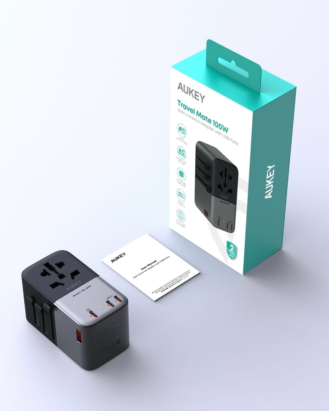 شاحن سفر دولي ترافيل ميت 100 واط بتقنية GaN و PD مع ( 3xUSB-C + 1xUSB-A ) , PA-TA09A , ضمان عامين